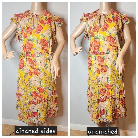 Anthropologie Dolan Silk Ellory Yellow Floral Midi flutter sleeve dress. S. New. - Picture 16 of 16